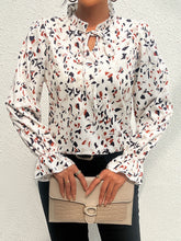 Load image into Gallery viewer, Ruffled Printed Tie Neck Long Sleeve Blouse
