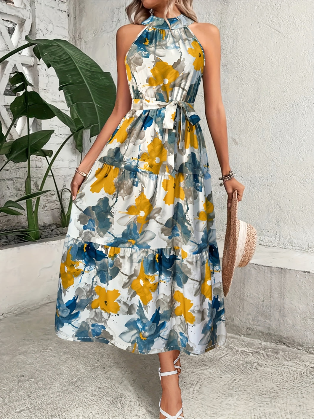 Tiered Printed Mock Neck Sleeveless Dress