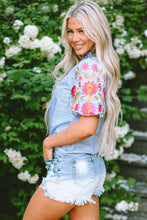 Load image into Gallery viewer, Light Blue Gingham Floral Embroidered Puff Sleeve Blouse
