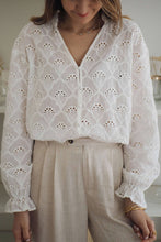 Load image into Gallery viewer, White Fanshaped Lace Hollow out Split Neck Puff Sleeve Blouse
