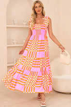 Load image into Gallery viewer, Pink Boho Gingham Tied Straps Smocked Maxi Dress
