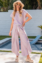 Load image into Gallery viewer, Pink Stripe Rainbow Tee Tasseled String Wide Leg Pants Set
