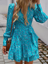 Load image into Gallery viewer, Devine Ruffled Printed Surplice Long Sleeve Mini Dress
