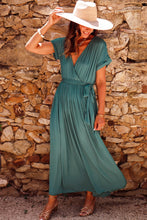 Load image into Gallery viewer, Green Solid Color V Neck Wrap Pleated Short Sleeve Maxi Dress
