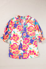 Load image into Gallery viewer, Rose Red Floral Print Split Neck Short Puff Sleeve Plus Blouse
