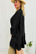 Load image into Gallery viewer, Black Chambray Ruffled 3/4 Sleeve Tiered Split V Neck Mini Dress
