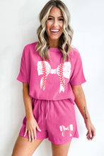 Load image into Gallery viewer, Rose Red Textured Baseball Bowknot Graphic Tee and Shorts Set
