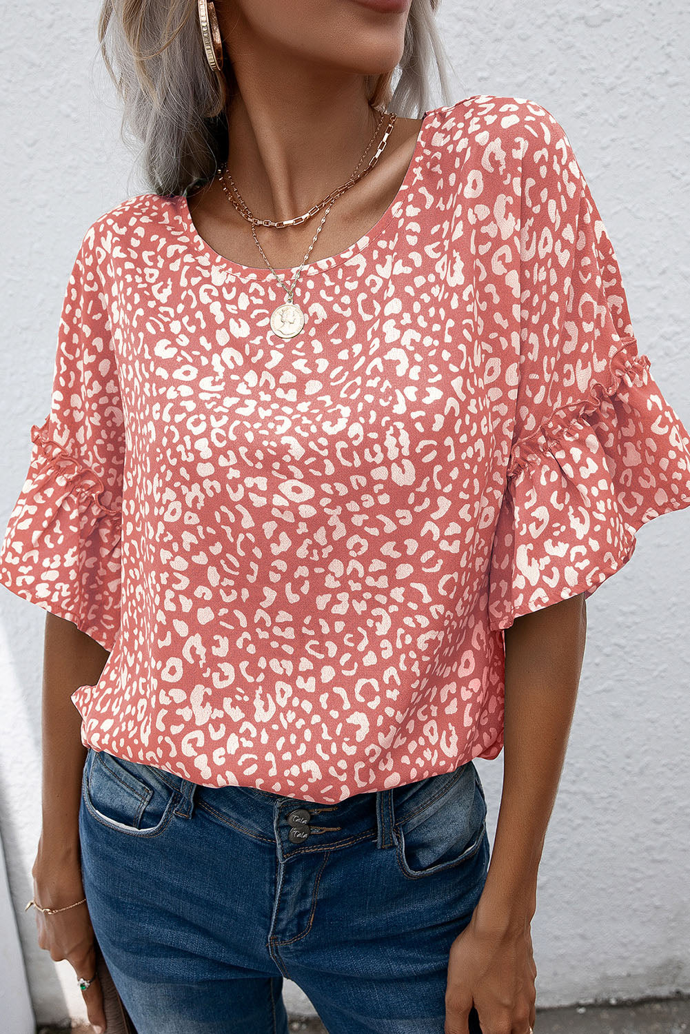 Womens - Pink  - Leopard Spotted Ruffle Sleeve T-Shirt - Sizes S-XL