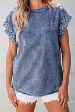 Load image into Gallery viewer, Dusk Blue Acid Wash Pearl Embellishments O-neck Denim Top
