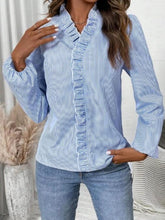 Load image into Gallery viewer, Frill Striped V-Neck Long Sleeve Blouse
