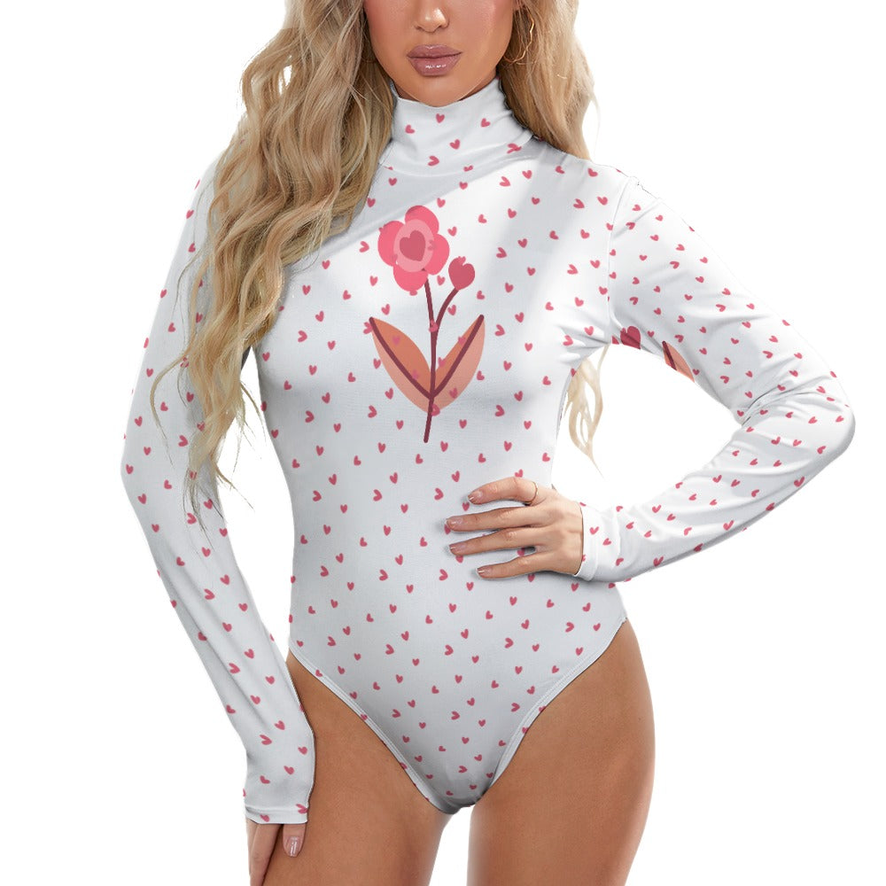 Ti Amo I love you - Exclusive Brand - Tiny Hearts with Flowers -Women's Turtleneck Long Sleeve Bodysuit