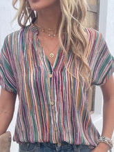 Load image into Gallery viewer, Shiny Striped Notched Short Sleeve Blouse
