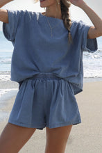 Load image into Gallery viewer, Light Blue Denim Cuffed Sleeve Tee Elastic Shorts Set
