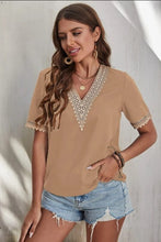 Load image into Gallery viewer, Full Size Lace Detail V-Neck Short Sleeve Blouse
