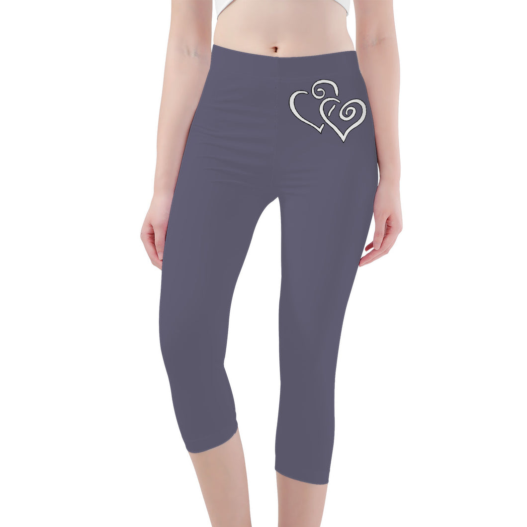 Ti Amo I love you -Exclusive Brand - Dolphin - Double White Heart - Womens / Teen Girls / Womens Plus Size - Capri Yoga Leggings - Sizes XS-3XL