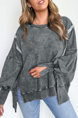 Acid Wash Relaxed Fit Seamed Pullover Sweatshirt with Slits Ti Amo I love you