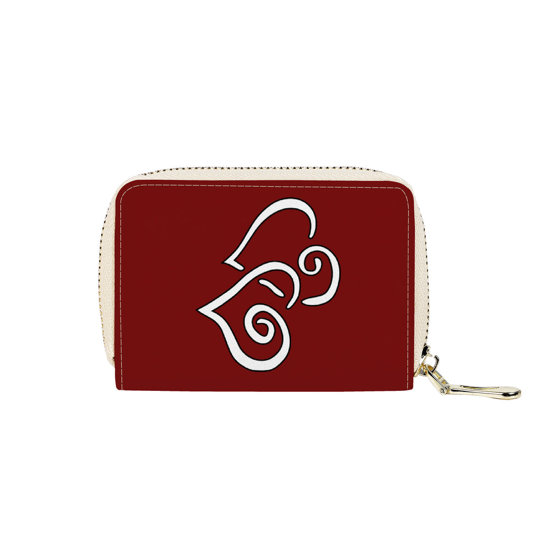 Ti Amo I love you - Exclusive Brand - Dark Burgundy - Double White Heart - PU Leather - Zipper Card Holder