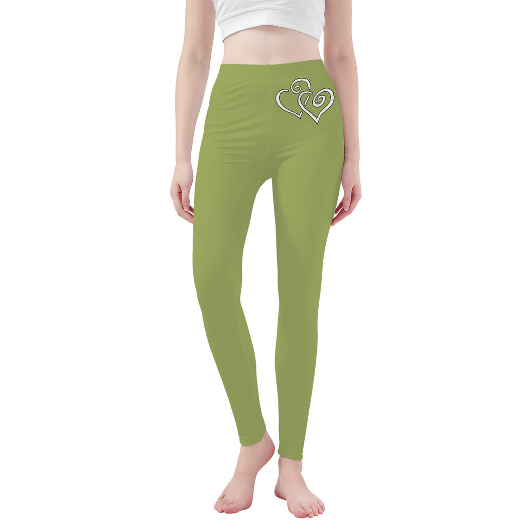 Ti Amo I love you - Exclusive Brand - Green Smoke - Double White Heart -Womens / Teen Girls / Womens Plus Size - Yoga Leggings - Sizes XS-3XL