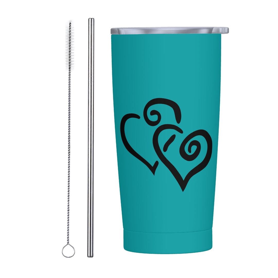 Ti Amo I love you - Exclusive Brand - Persian Green - Double Black Heart - 20oz Stainless Steel Straw Lid Cup