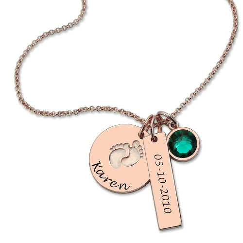 Baby Feet Disc Necklace With Birthstone For New Mom Ti Amo I love you