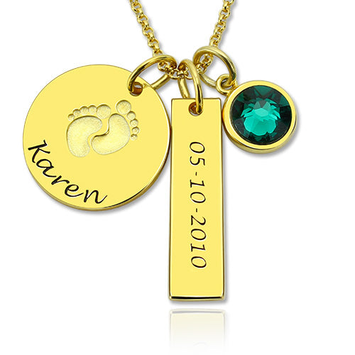 Baby Feet Disc Necklace With Birthstone For New Mom Ti Amo I love you