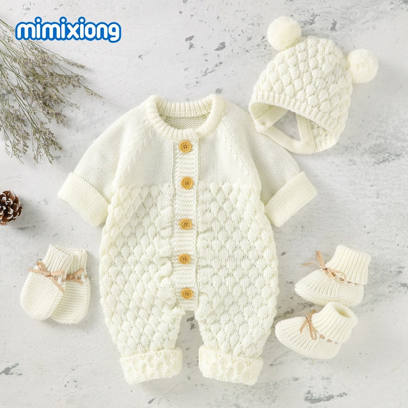 Baby Rompers Caps Clothes Sets Newborn Girl Boy Knitted Jumpsuits Outfits Autumn Winter Long Sleeve Toddler Infant Overalls 2pcs Ti Amo I love you