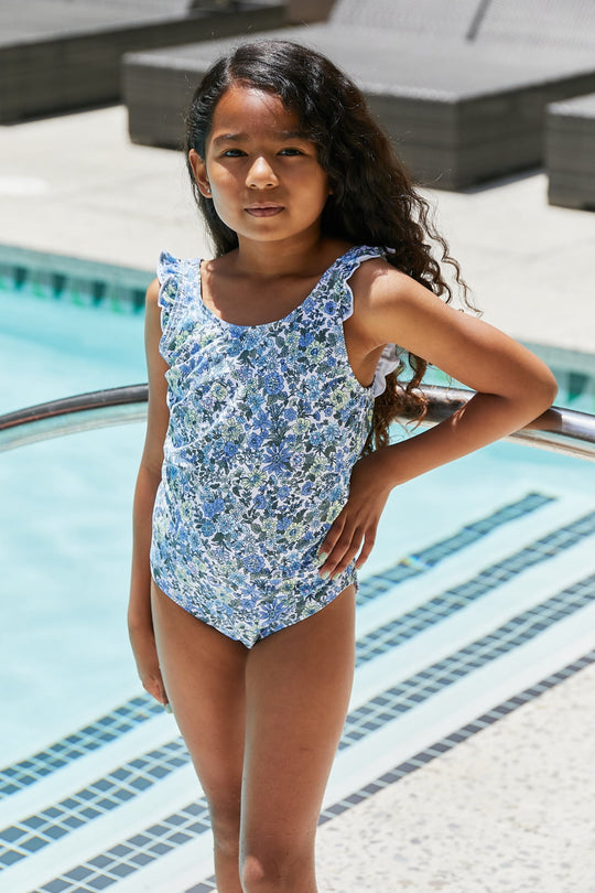 Baby/Toddler / Kids - Girls - Marina West Swim Bring Me Flowers V-Neck One Piece Swimsuit In Thistle Blue - Sizes 18mths- Kids 10/11 Ti Amo I love you
