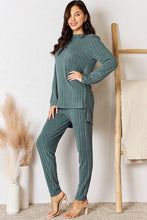 Load image into Gallery viewer, Basic Bae Full Size Ribbed Round Neck High-Low Slit Top and Pants Set Ti Amo I love you
