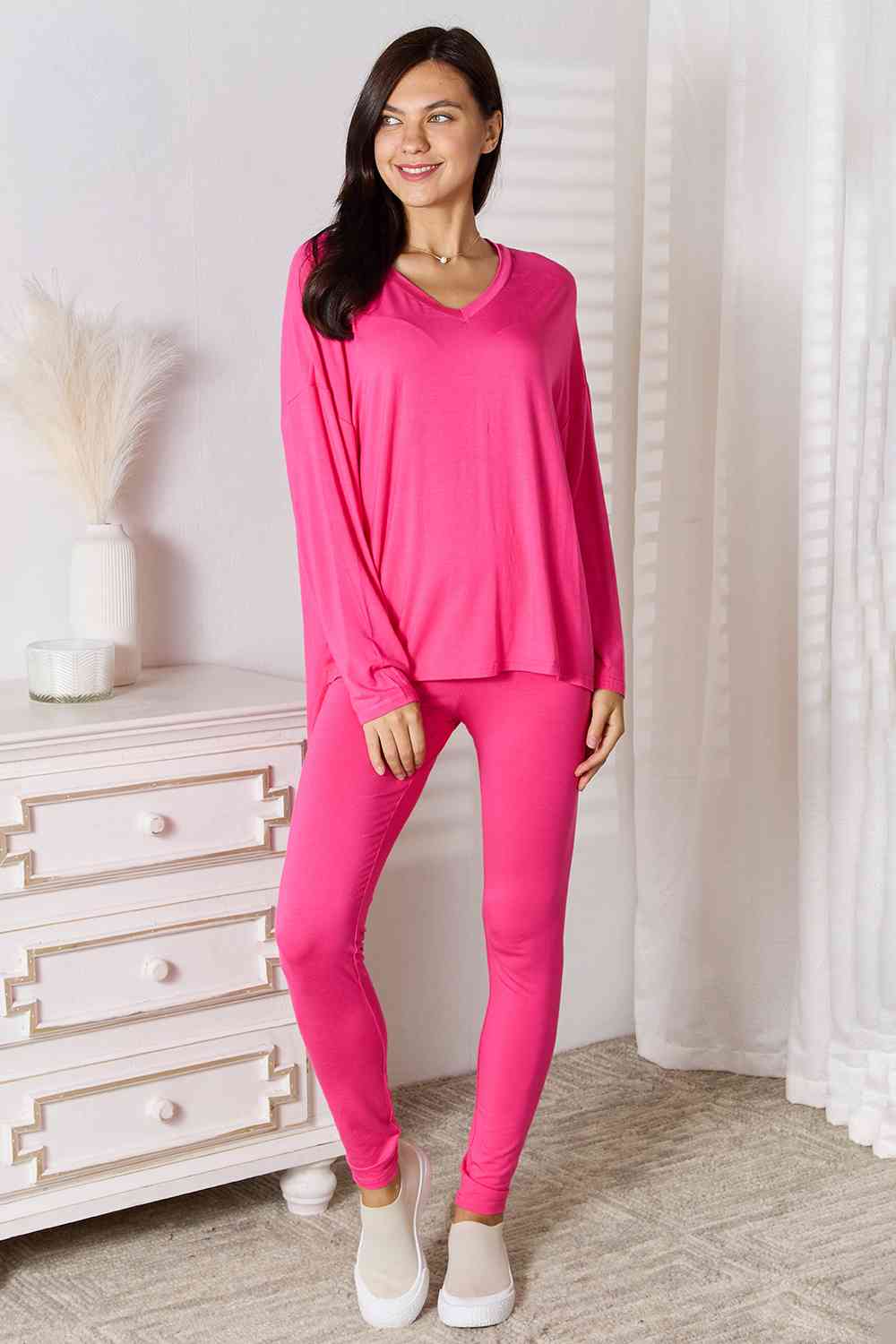 Basic Bae Full Size V-Neck Soft Rayon Long Sleeve Top and Pants Lounge Set Ti Amo I love you