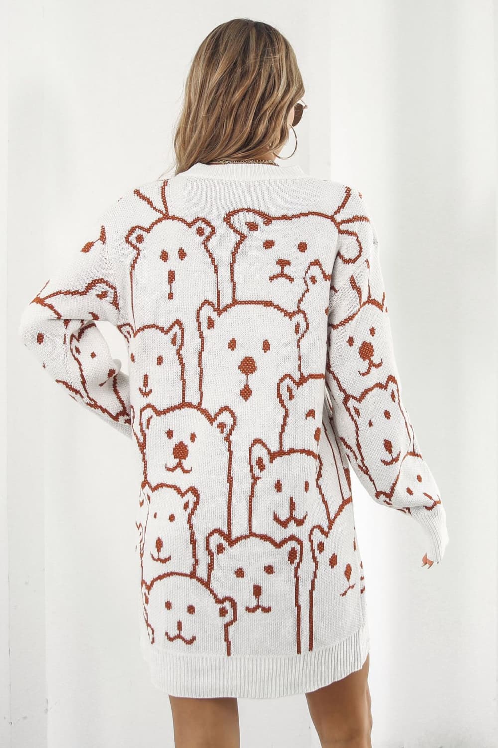 Bear Pattern Round Neck Sweater Dress Ti Amo I love you