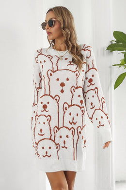 Bear Pattern Round Neck Sweater Dress Ti Amo I love you