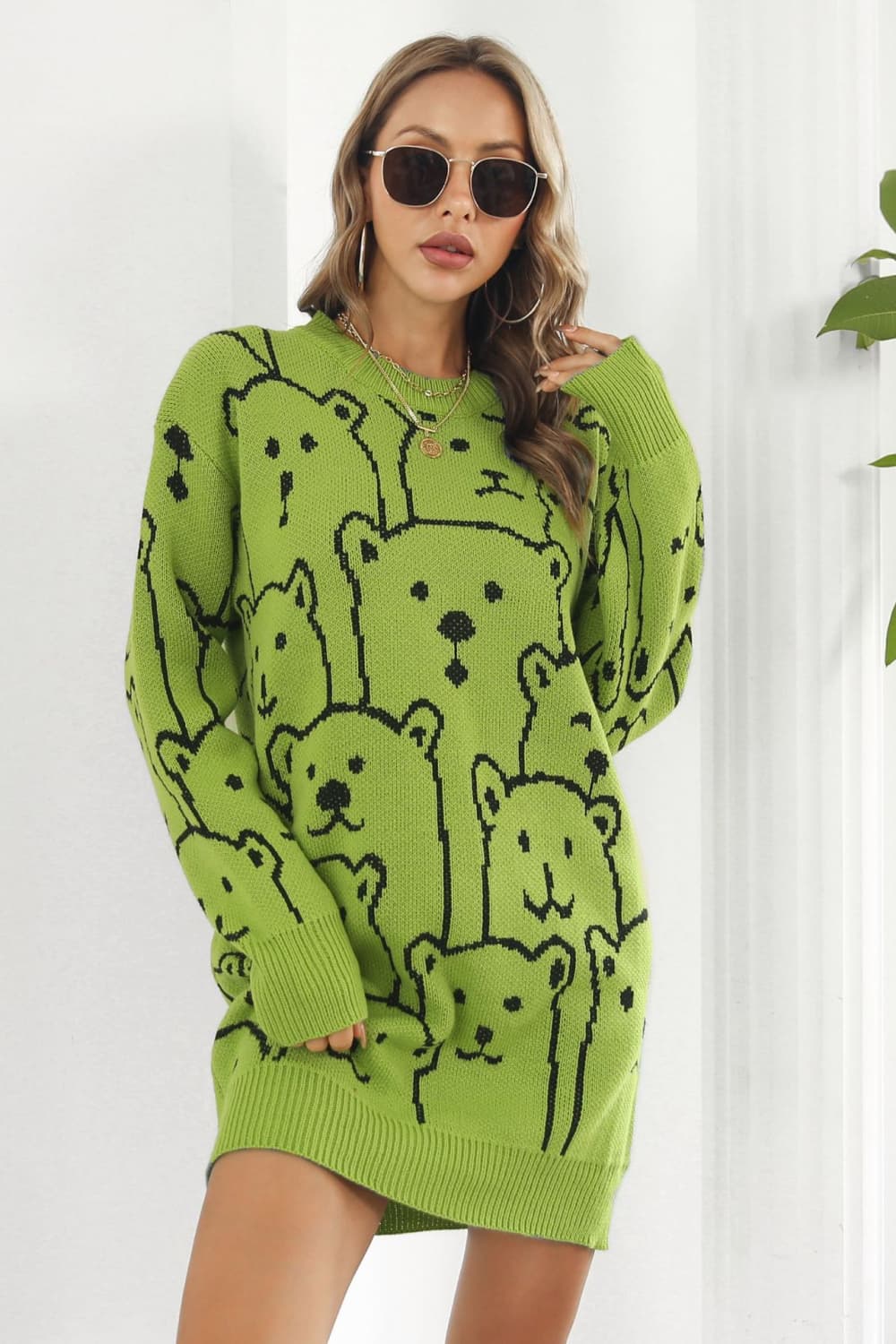 Bear Pattern Round Neck Sweater Dress Ti Amo I love you