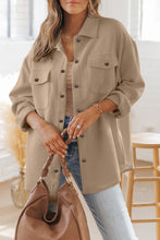 Load image into Gallery viewer, Beige Solid Textured Flap Pocket Buttoned Shacket Ti Amo I love you
