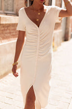 Load image into Gallery viewer, Beige V Neck Ruched Button Front French T-shirt Dress Ti Amo I love you
