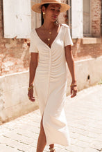 Load image into Gallery viewer, Beige V Neck Ruched Button Front French T-shirt Dress Ti Amo I love you
