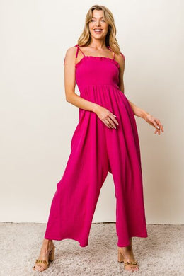 BiBi Texture Smocked Sleeveless Jumpsuit Ti Amo I love you