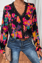 Load image into Gallery viewer, Black Abstract Printed Flounce Sleeve Lace V-Neck Blouse - Sizes S-XL Ti Amo I love you
