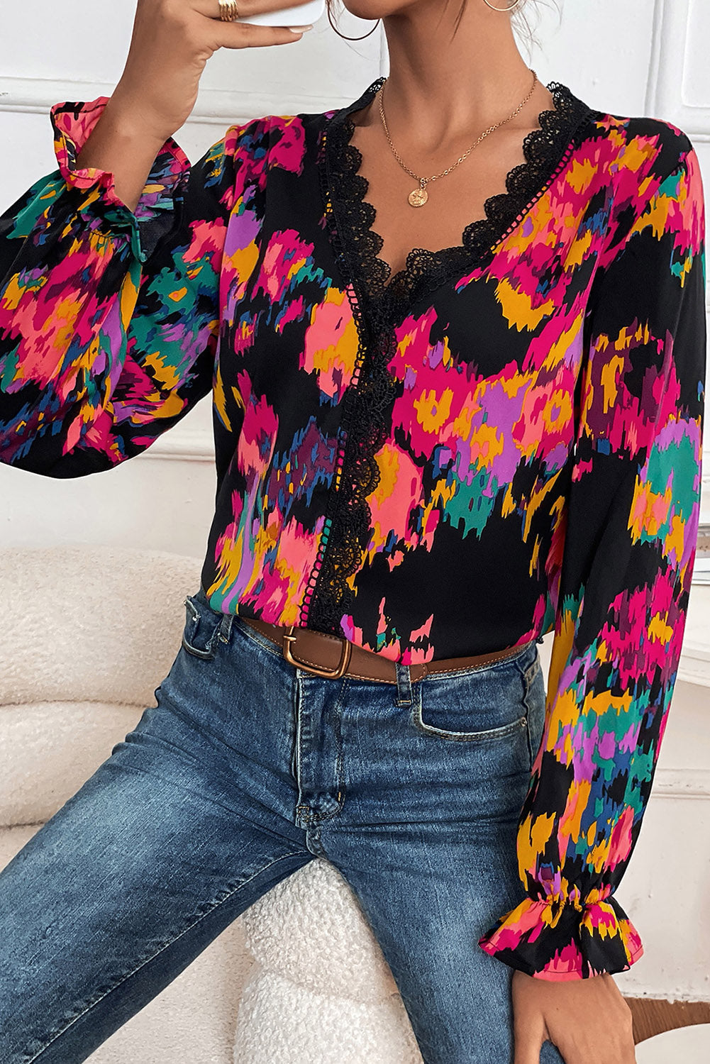 Black Abstract Printed Flounce Sleeve Lace V-Neck Blouse - Sizes S-XL Ti Amo I love you