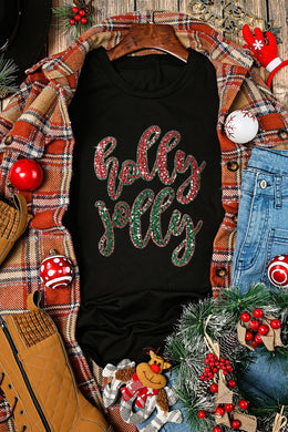 Black Christmas Sequined holly jolly Graphic Tee Ti Amo I love you