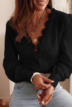 Load image into Gallery viewer, Black Lace Crochet Trim Deep V Neck Textured Blouse Ti Amo I love you
