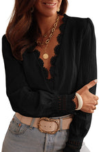 Load image into Gallery viewer, Black Lace Crochet Trim Deep V Neck Textured Blouse Ti Amo I love you
