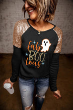 Load image into Gallery viewer, Black Leopard Boo Ghost Graphic Sequin Raglan Sleeve Top Ti Amo I love you
