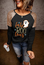 Load image into Gallery viewer, Black Leopard Boo Ghost Graphic Sequin Raglan Sleeve Top Ti Amo I love you
