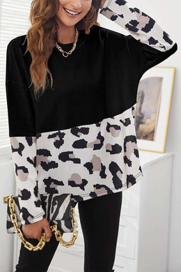 Black Leopard Color Block Long Sleeve Top Ti Amo I love you