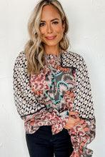 Load image into Gallery viewer, Black Mixed Floral Geometric Print Ruffled Long Sleeve Blouse Ti Amo I love you
