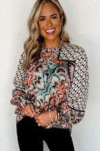 Load image into Gallery viewer, Black Mixed Floral Geometric Print Ruffled Long Sleeve Blouse Ti Amo I love you
