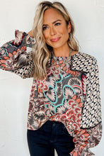 Load image into Gallery viewer, Black Mixed Floral Geometric Print Ruffled Long Sleeve Blouse Ti Amo I love you
