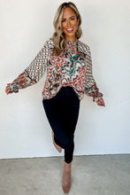 Load image into Gallery viewer, Black Mixed Floral Geometric Print Ruffled Long Sleeve Blouse Ti Amo I love you
