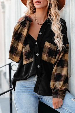 Black Plaid Patchwork Chest Pockets Oversized Shirt Jacket Ti Amo I love you