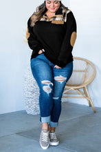 Load image into Gallery viewer, Black Plus Size Quilted Plaid Patch Henley Sweatshirt Ti Amo I love you
